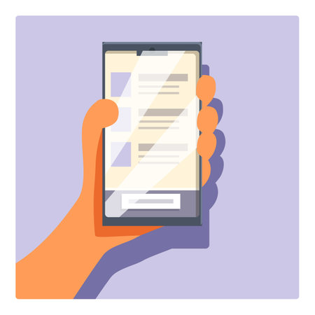 Hand is holding a smartphone and reading a digital news feed, scrolling through social media, or using a mobile appのイラスト素材
