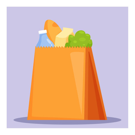 Full paper bag with food groceries standing upright, perfect for topics such as grocery shopping or healthy eatingのイラスト素材