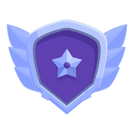 Silver game badge with wings featuring a purple star, isolated on white backgroundのイラスト素材