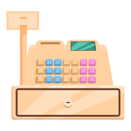 Old style cash register with buttons and display standing on counter, retro payment conceptのイラスト素材