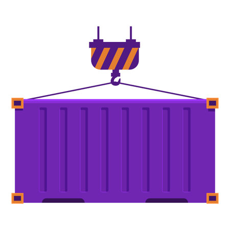 Purple cargo container being lifted by a crane hook, representing freight transportation and...