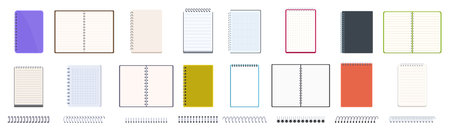 Notebook spiral binders icons set. Variety of blank spiral notebooks with different colored covers, sizes, and binding styles are depicted, offering options for note takingのイラスト素材