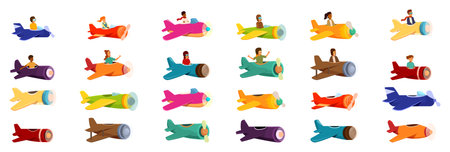 Kids flying plane icons set. Pilots are flying colorful airplanes, enjoying the freedom of flight and the thrill of aviationのイラスト素材