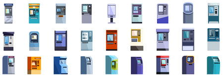 Subway ticket machine icons set. Diverse set of payment terminals featuring various designs and functionalities, highlighting the evolution of self service payment technologyのイラスト素材