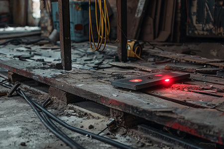 Laser measuring tool emitting red beam light on wooden plank in workshopの素材