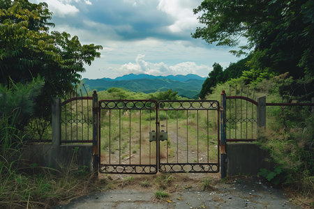 Old rusty gate is overgrown with weeds and grass leading to a path and mountain viewの素材