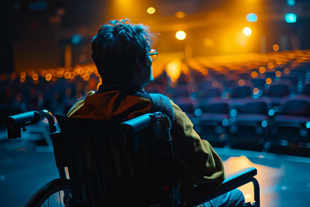 Young man in a wheelchair is enjoying a show at the theaterの素材
