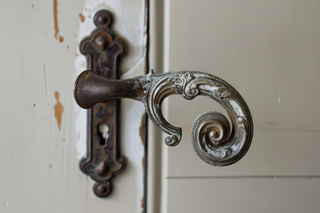 Old ornate door handle on a white wooden door, showing signs of age and wearの素材