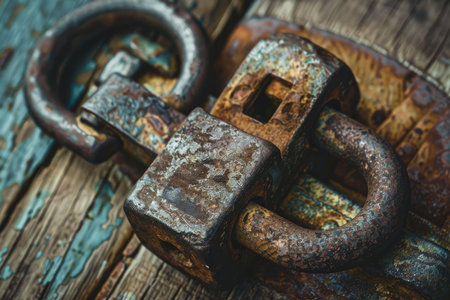Close up of an old rusty padlock securing a weathered wooden door, emphasizing the concepts of security, age, and durabilityの素材