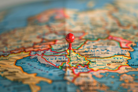 Red pin pointing location showing concept of travel destination on mapの素材