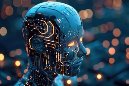 Ai robot with glowing circuit board details is processing data in a futuristic settingの素材