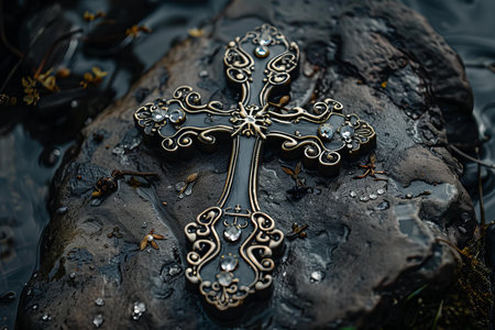 Ornate jeweled gothic cross is lying on wet stone by the pond, surrounded by dark water in mysterious and mystical atmosphereの素材