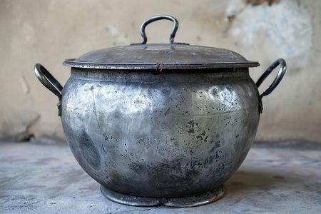 Old metal pot with a lid, showing signs of wear and tear, evokes a sense of nostalgia and historyの素材