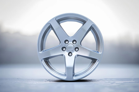 Close up of a silver alloy wheel, highlighting its design and craftsmanshipの素材