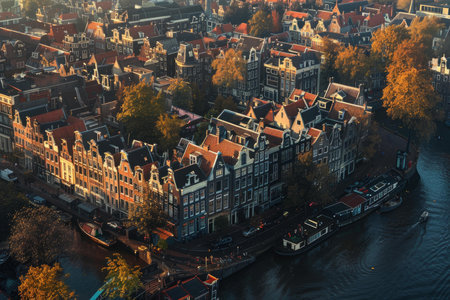 Aerial view of the canals in amsterdam with traditional dutch houses and houseboats at sunsetの素材