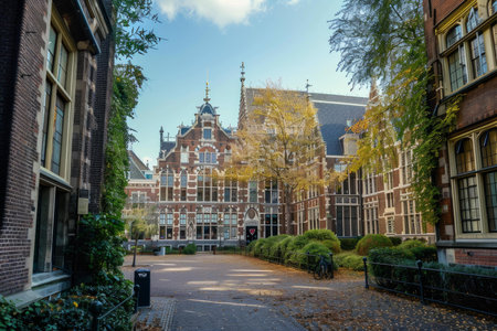 University campus courtyard with beautiful brick buildings and autumn foliageの素材