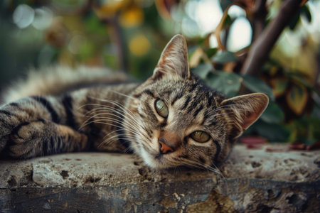 Brown tabby cat with green eyes is lying down on a stone wall, enjoying the peace and quiet of a gardenの素材