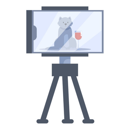 Smartphone on tripod recording a cat posing with a wine glassのイラスト素材