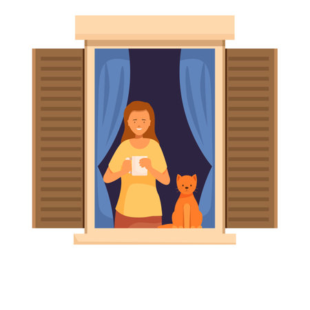 Young woman enjoying a cup of coffee with her cat in an open window at nightのイラスト素材