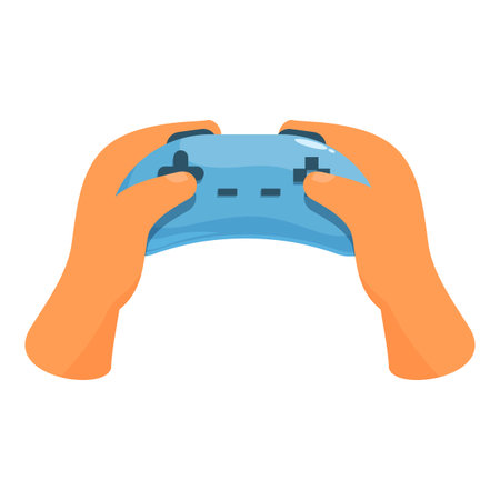 Hands holding blue wireless gamepad, playing video gameのイラスト素材