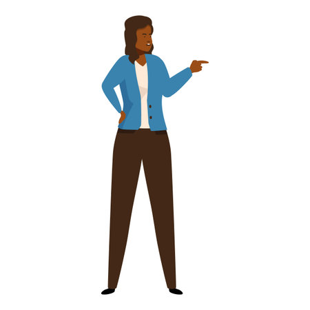 Confident businesswoman is standing and pointing with her finger to give directionsのイラスト素材