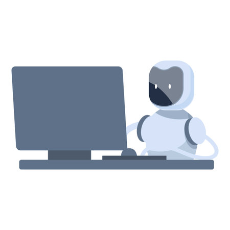 Robot is sitting at a desk working on a desktop computerのイラスト素材