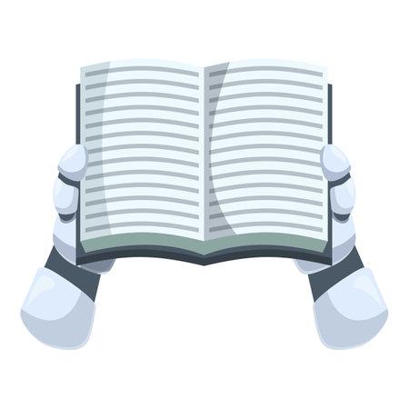 Robot hands are holding an open book, symbolizing artificial intelligences quest for knowledgeのイラスト素材
