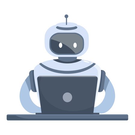 Robot sitting at desk and working on laptop, artificial intelligence conceptのイラスト素材