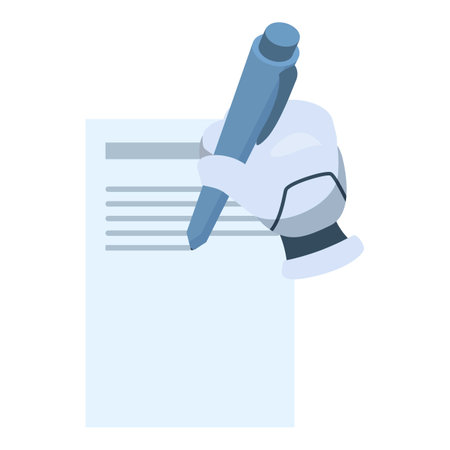 Robot hand is holding a pen and writing on a piece of paperのイラスト素材