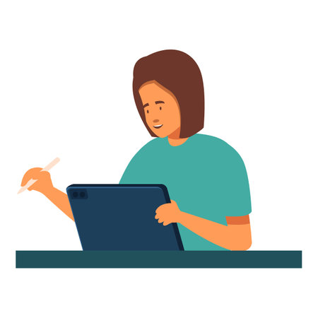 Young woman designer is using a graphic tablet and stylus to create illustrationsのイラスト素材