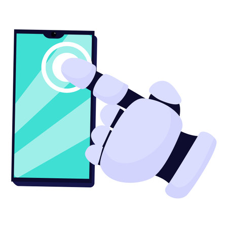 Robot hand is using a smartphone, touching the screen with its finger, in this illustration about modern technologyのイラスト素材