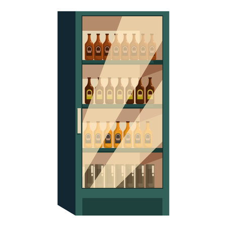 Commercial refrigerator with glass door, displaying rows of bottles containing alcoholic beveragesのイラスト素材