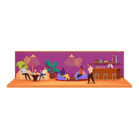 People enjoying their time, smoking hookah and having a drink in a modern shisha barのイラスト素材