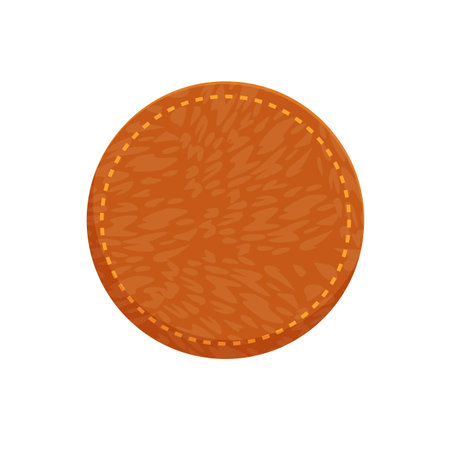 Round leather label with yellow stitches showing animal skin texture, isolated over white backgroundのイラスト素材