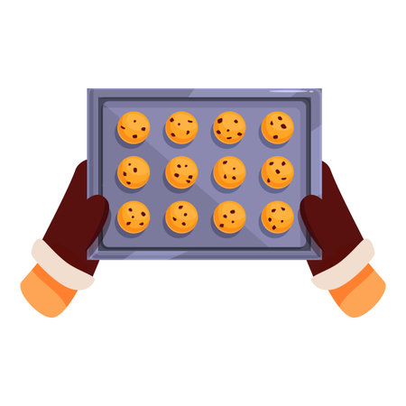 Baker wearing oven mitts is holding a baking sheet with freshly baked cookiesのイラスト素材