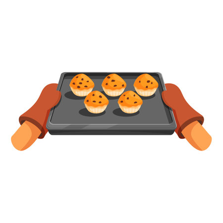 Baker is holding a baking sheet with freshly baked muffins, ready to be enjoyedのイラスト素材