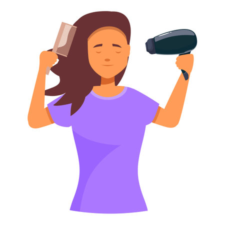 Woman is styling her hair, holding a comb in one hand and a hairdryer in the otherのイラスト素材