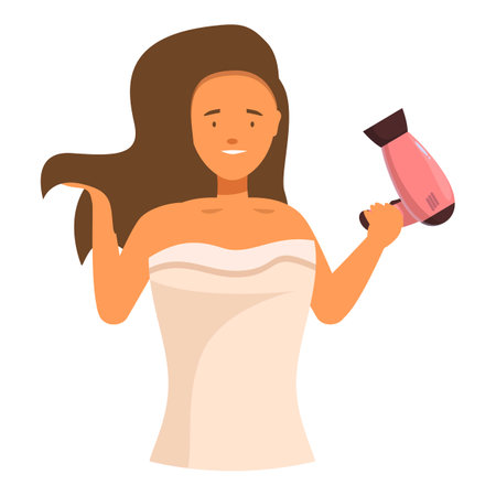 Woman is drying her long hair after a shower, holding a hairdryer in one hand and a strand of hair in the otherのイラスト素材