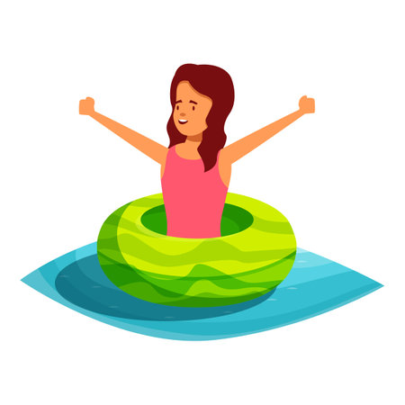 Young girl is enjoying her summer vacation, relaxing on a fun inflatable ring in the swimming poolのイラスト素材