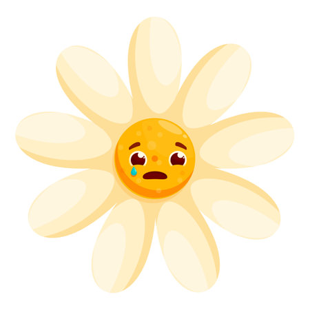 Cartoon illustration of a sad chamomile flower with a tear running down its cheek, isolated on a white backgroundのイラスト素材
