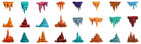 Stalactite icons set. Set of various cartoon stalactites and stalagmites in different shapes and colorsのイラスト素材