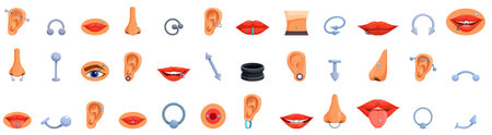 Piercing jewelry icons set. This set of icons represents the body piercing trend, showing various body parts adorned with different types of piercingsのイラスト素材