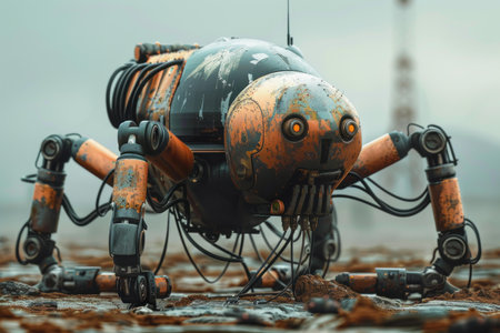 Rusty, futuristic robot with multiple legs is exploring a desolate and rocky landscapeの素材