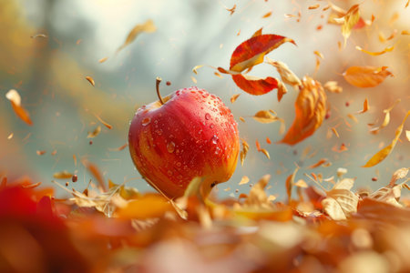 Red apple with water drops falling on colorful autumn leavesの素材