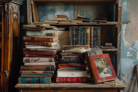 Stack of old dusty books sitting on a vintage table in an abandoned houseの素材