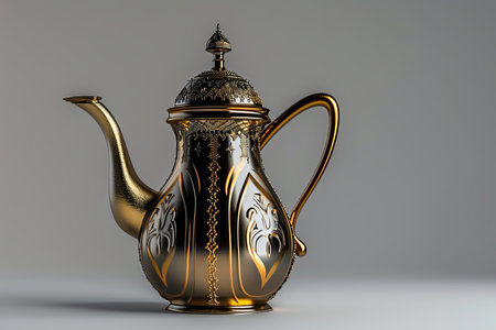 3d rendering of a traditional arabic golden dallah coffee pot with ornate engravingsの素材