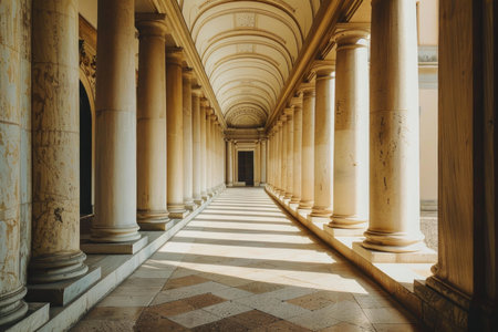 Sunlight illuminating an empty hallway with stone columns and a checkered floorの素材