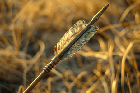 Sharp metal arrow with feather fletching is lying on dry grass at sunsetの素材