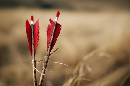 Closeup of two arrows with red and white feathers standing upright in a grassy fieldの素材