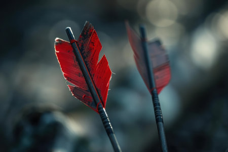 Two arrows with red feathers are showing hunting season approaching with a blurred backgroundの素材